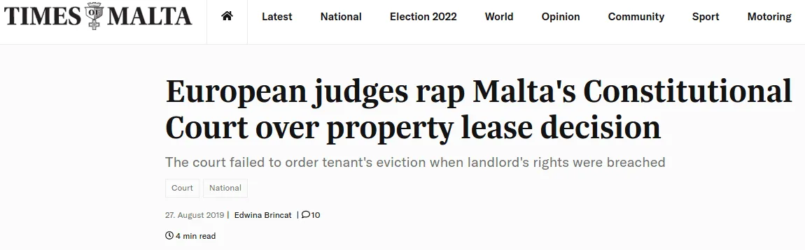 European judges rap Malta's Constitutional Court over property lease decision