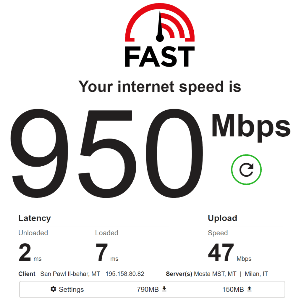 Die Downloadgeschwindigkeit von 950 Mbps wird gemessen