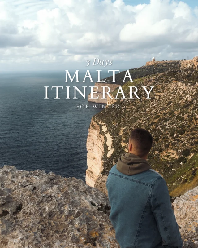 Here’s a 3-day Malta itinerary filled with stunning beaches, amazing views, and the most beautiful towns on the island ✈️A few things to keep in mind for winter 🌬️- It’s quite windy, so bring a windproof jacket.
- The weather can change fast, so stay flexible (it can be sunny and rainy on the same day!).
- Bring your swimsuit, many hotels have indoor pools.
- Pack comfy shoes for long walks and a beach blanket, even if you don’t swim, it’s perfect for relaxing and enjoying the views.Is Malta on your bucket list? 😍Share this with the person you want to take with you 🍃Don’t forget to follow us for more Malta tips & travel inspiration and grab your free Malta guide from the link in our bio!